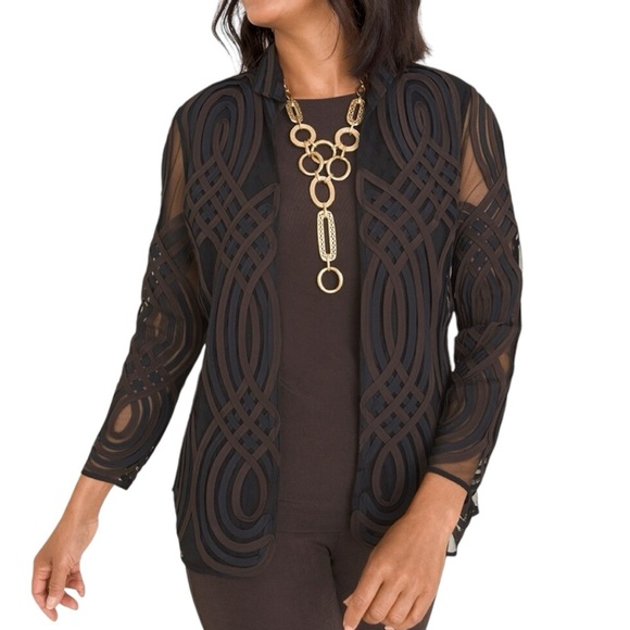 Chicos Travelers Neutral Swirl Strip Jacket - Picture 1 of 7